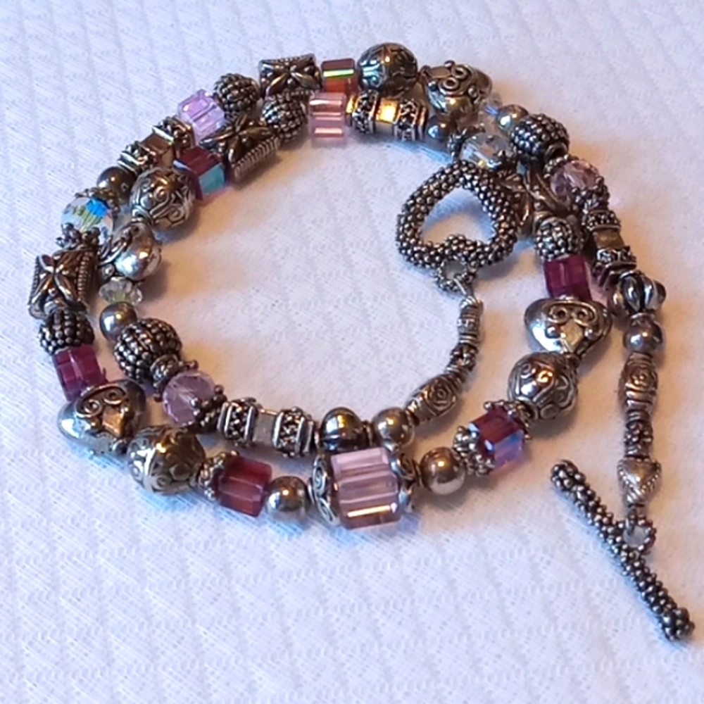 Handmade Silvertone Bead and Crystal Necklace With Heart Shaped Toggle Closure